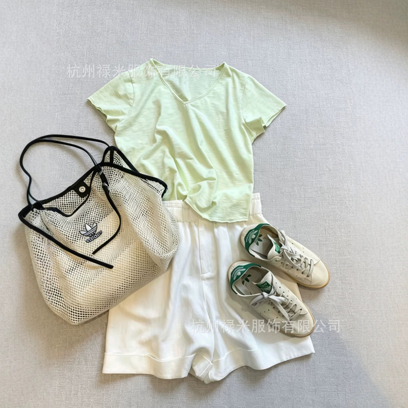 Tencel Cotton Fabric Elastic Waist Paper Bag A-Line Rolled Hem Shorts H37960 One-Piece Dropshipping
