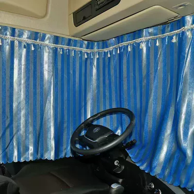 Chenglong, Delong, New M3000 Sleeper | Car curtains - sky-blue-vertical-stripes-with-fringed-ends-whole-car-curtains-three-large-pieces