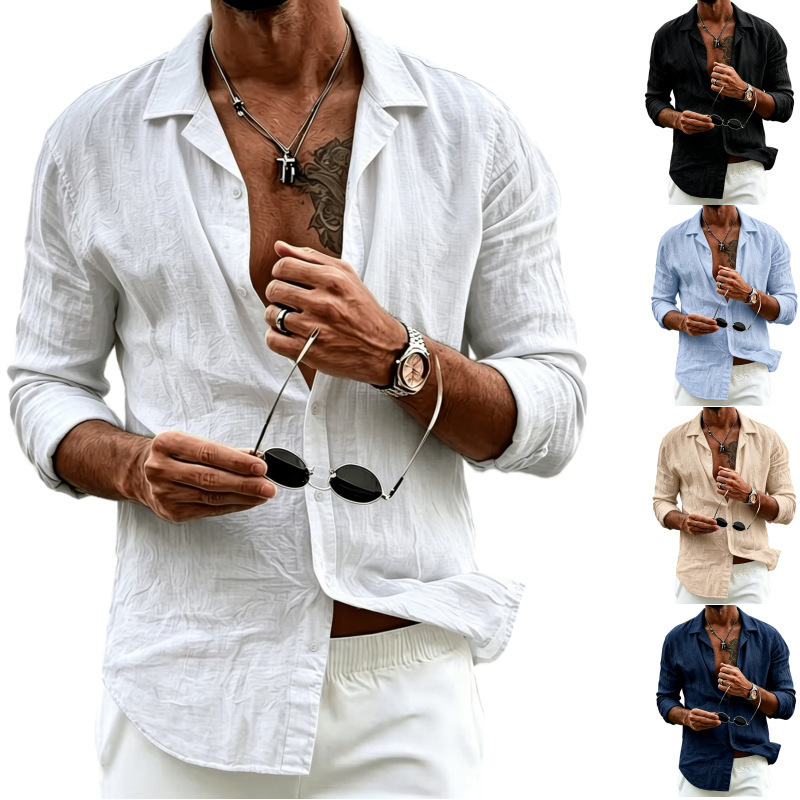 Men's Cuban collar linen washed crumpled long-sleeve shirt, loose casual textured open-front shirt, men's clothing for export