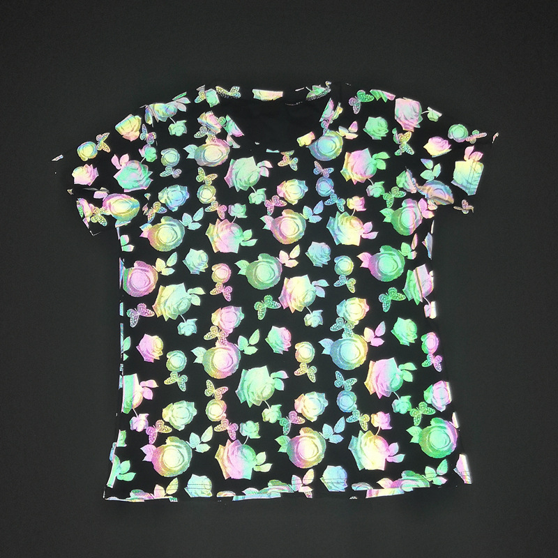 In-Stock Fast Delivery 2026 Summer New Cool Colorful Rose Reflective T-Shirt for Women, Glow-In-The-Dark Short-Sleeve Top Trendy