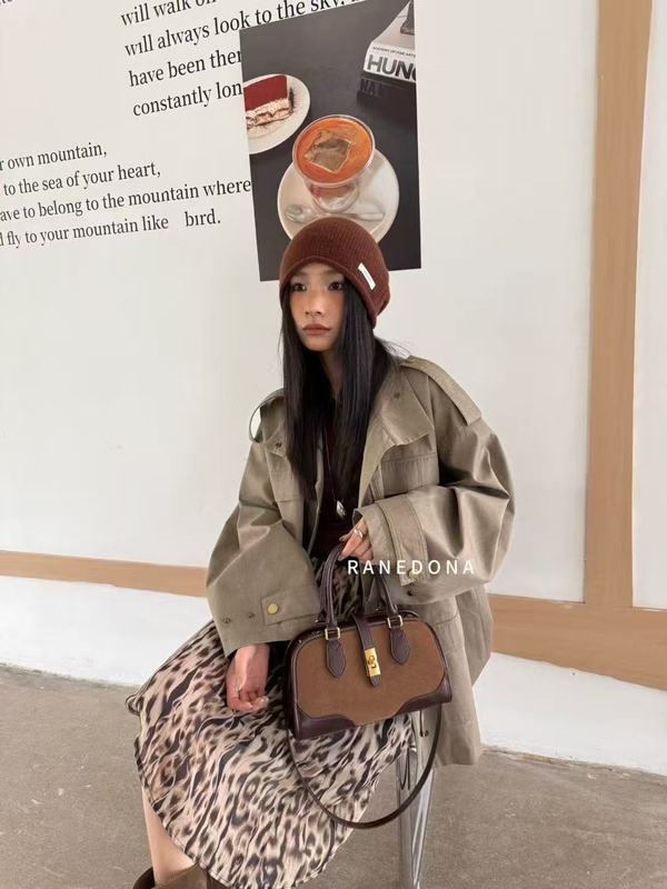 复古磨砂麂皮手提波士顿包时尚凯莉包精致通勤大容量托特包斜挎包|undefined