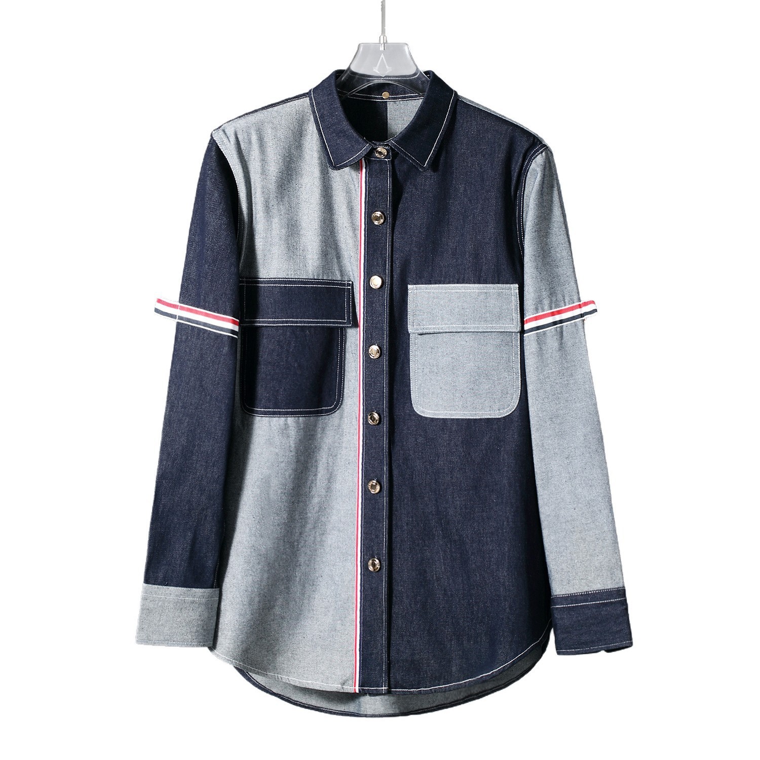 tb Jl Spring And Autumn Wide-Fit Patchwork Denim Shirt, Fashionable Trendy Double-Sleeve Ribbon Vintage Loose_voghion.com