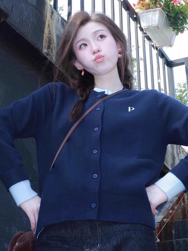 藏青色针织开衫女早秋季拼接圆领软糯毛衣美式休闲假两件上衣外套|undefined