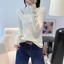 纯欲风半高领蕾丝拼接针织T恤女2025秋装新款法式修身打底衫长袖