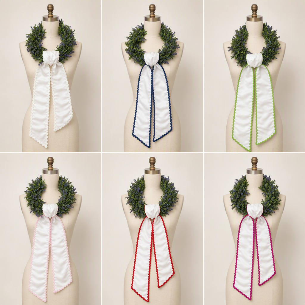Christmas wreath, wavy pattern, solid-color lace belt, bow, satin ribbon, festive and holiday-style accessories, hanging ornaments, and ribbons