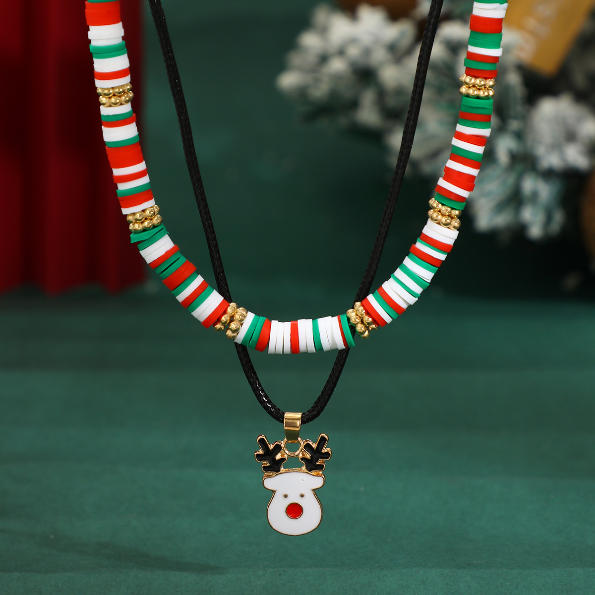 Christmas Beaded Choker Necklace With Crystal Snowman Charms_voghion.com