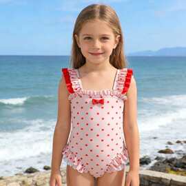 新款儿童连体游泳衣女童中大小童一件式荷叶边木耳边可爱学生泳装