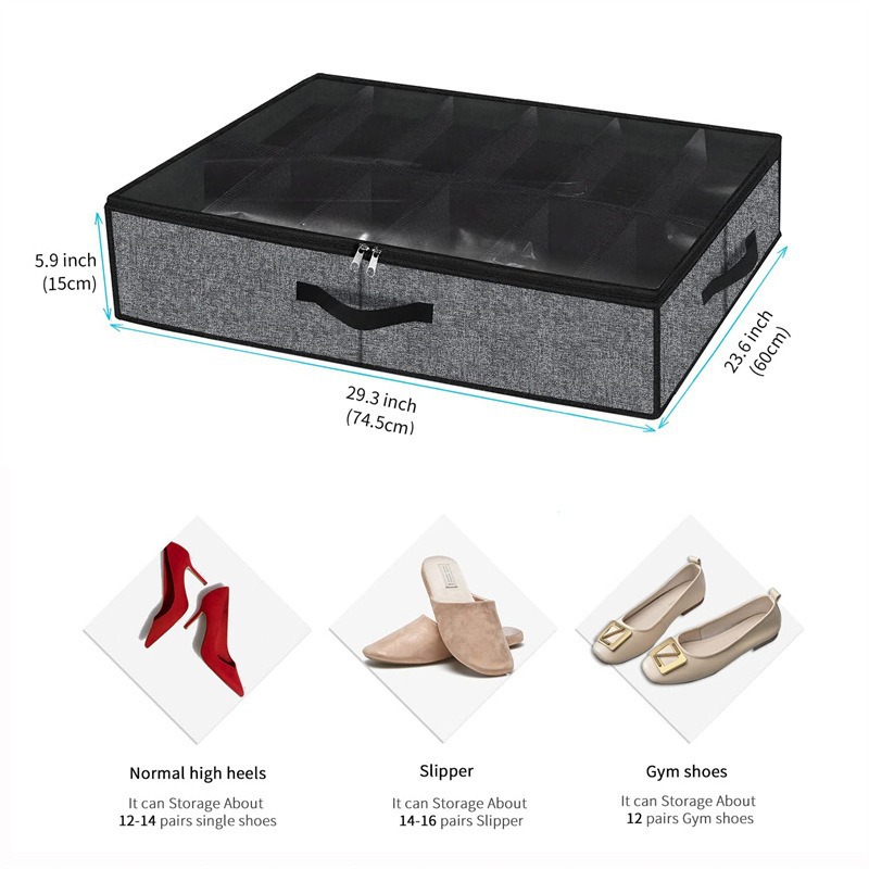 Non-Woven Fabric Shoe Storage Box, Foldable with Lid and Compartments, 75 × 60 × 15 cm | Under-Bed Organization