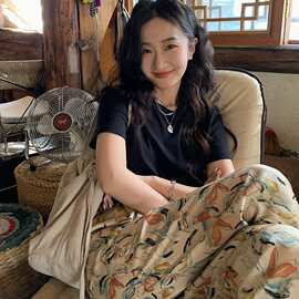 夏季新款百搭花色裤子女薄款休闲女松紧高腰显瘦宽松遛弯直筒裤子