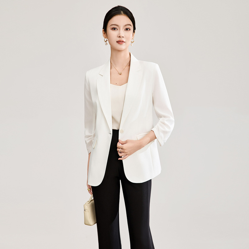 2602205-Nanyou High-End Smart Waist-Cinching Commuter Pearl Button Pleated Three-Quarter Sleeve Professional Blazer for Women Spring Style