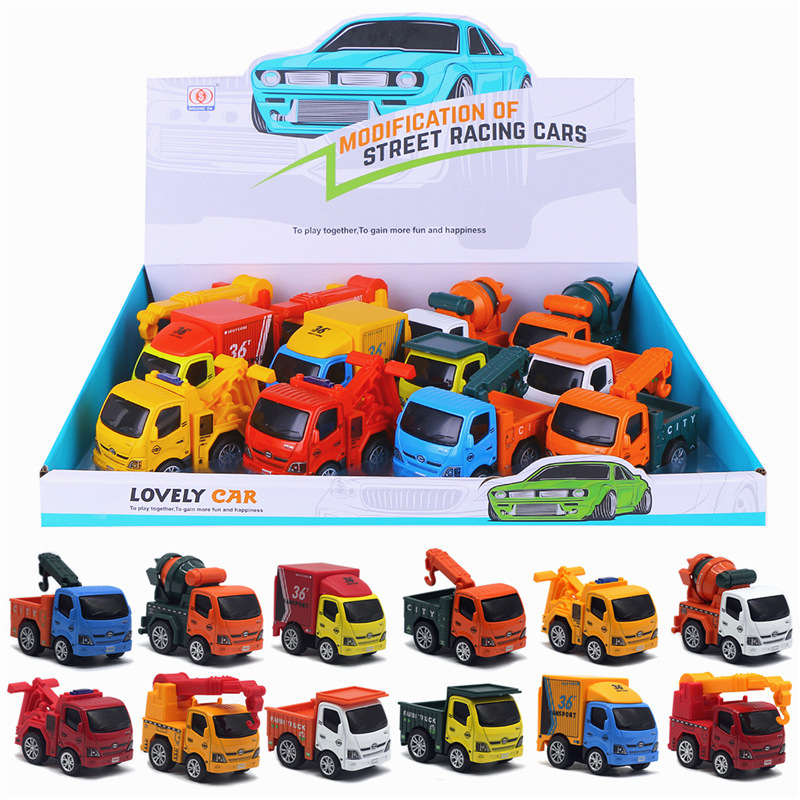 12 alloy Cartoon Q version engineering vehicle model doll machine keychain toy New 12 display boxes