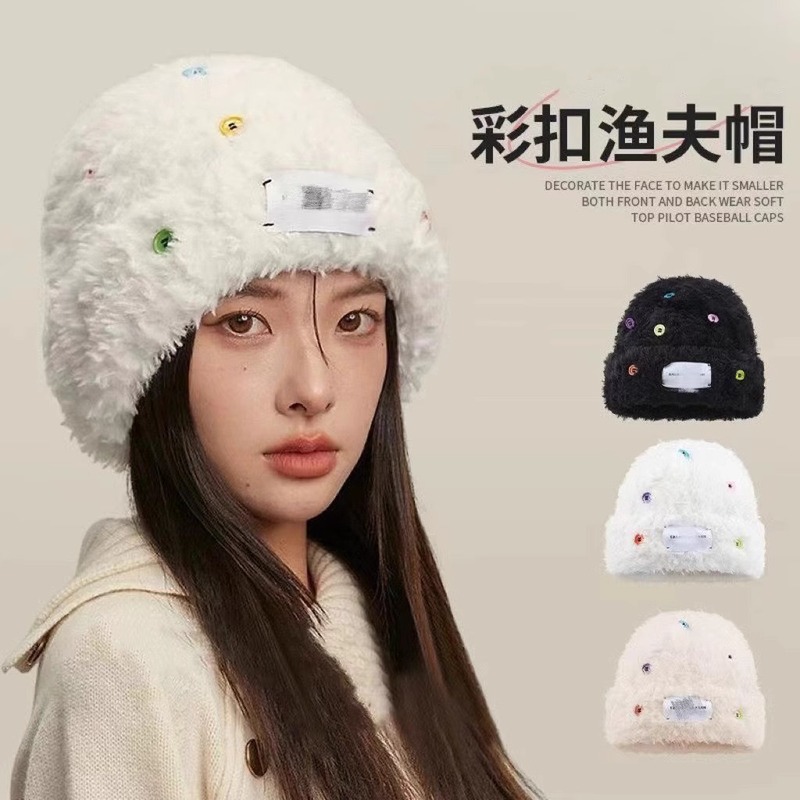 秋冬同款彩扣帽子女毛绒保暖针织渔夫帽冷帽大头围毛线帽盆帽|undefined
