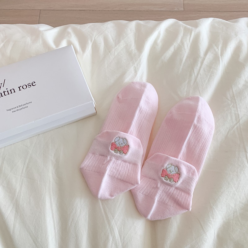 Calcetines de mujer de algodón primavera-verano con osito bordado, estilo kawaii, cómodos y transpirables.