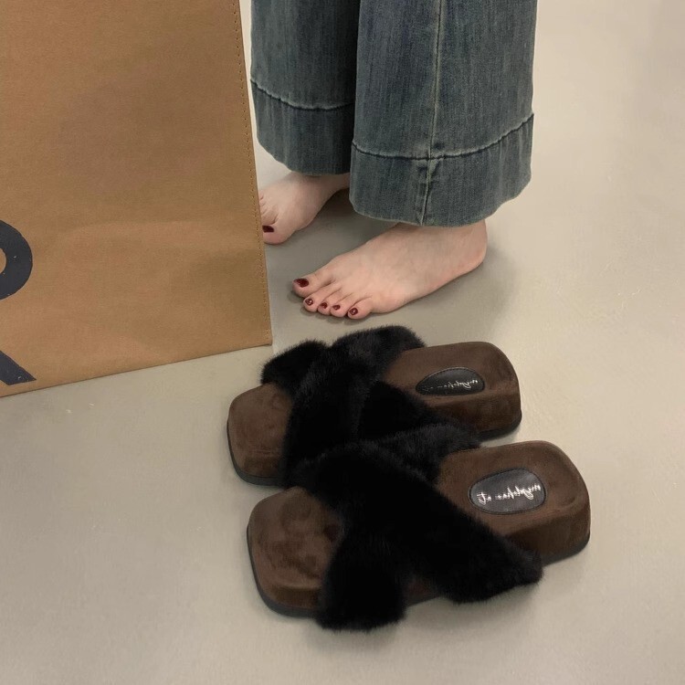 复古交叉一字毛毛拖鞋女外穿秋冬季休闲百搭温柔豹纹厚底加绒棉鞋|undefined