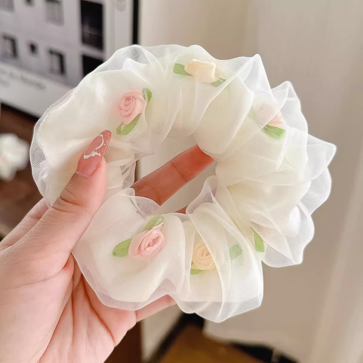 Encaje de flor coreana Encaje de intestino grueso Anillo de cabello femenino Cabeza de flor de viento pastoral Cuerda de cabeza de bola de gran tamaño Accesorios para el cabello de alta calidad