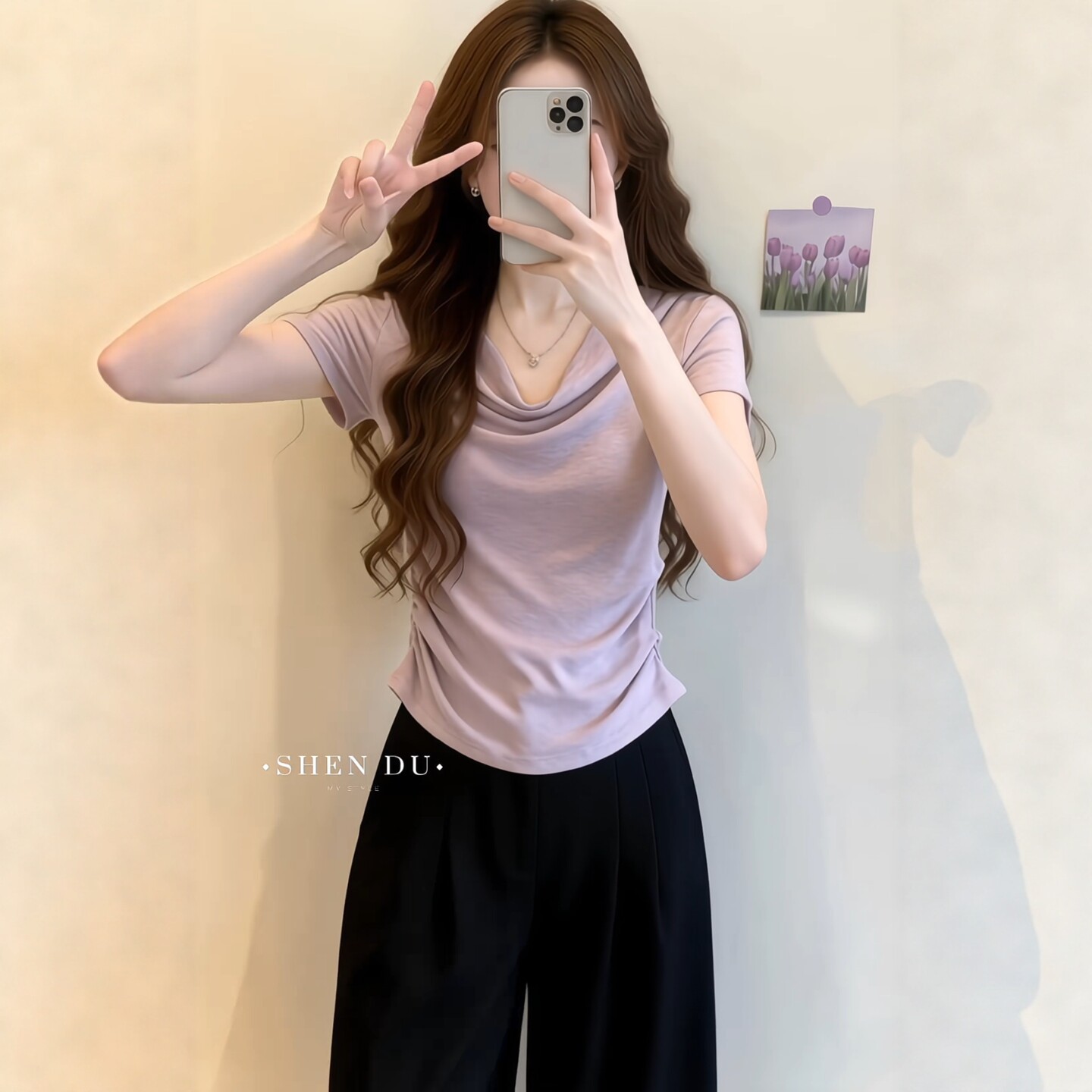 Áo thun tay ngắn cổ tròn màu tím phối nếp gấp eo che bụng cho nữ — Màu ảnh chi tiết 3