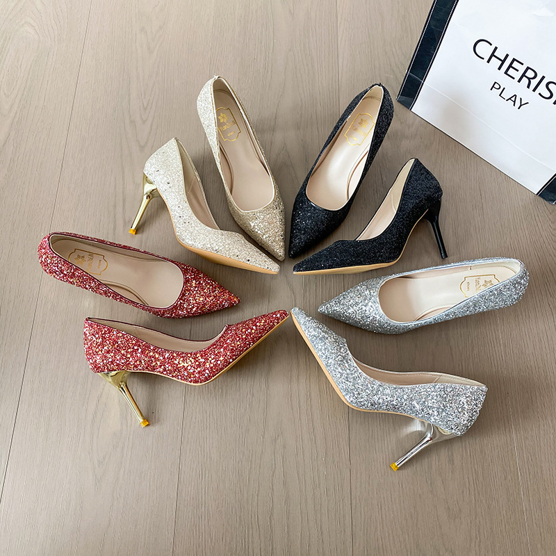 Jc High Heels from the Stars, the Same Style as Qian Songyi, Sequined Fashionable Versatile Stiletto Fairy Style Flats Wedding Shoes