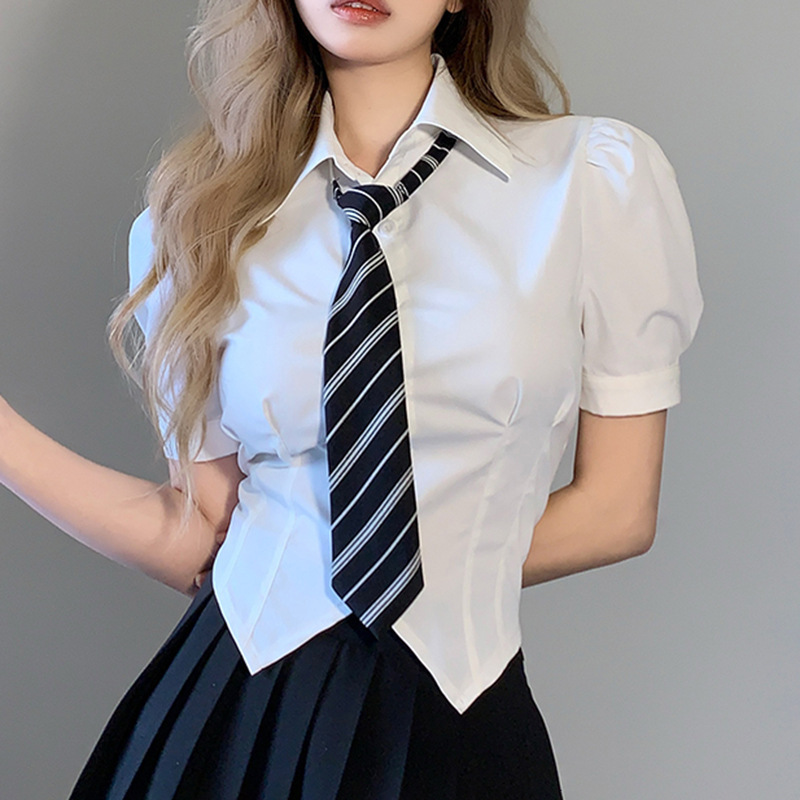 College Style Striped Tie Polo Shirt Waist Irregular Short Slim Shirt Women's Cross-border Foreign Trade Labelable