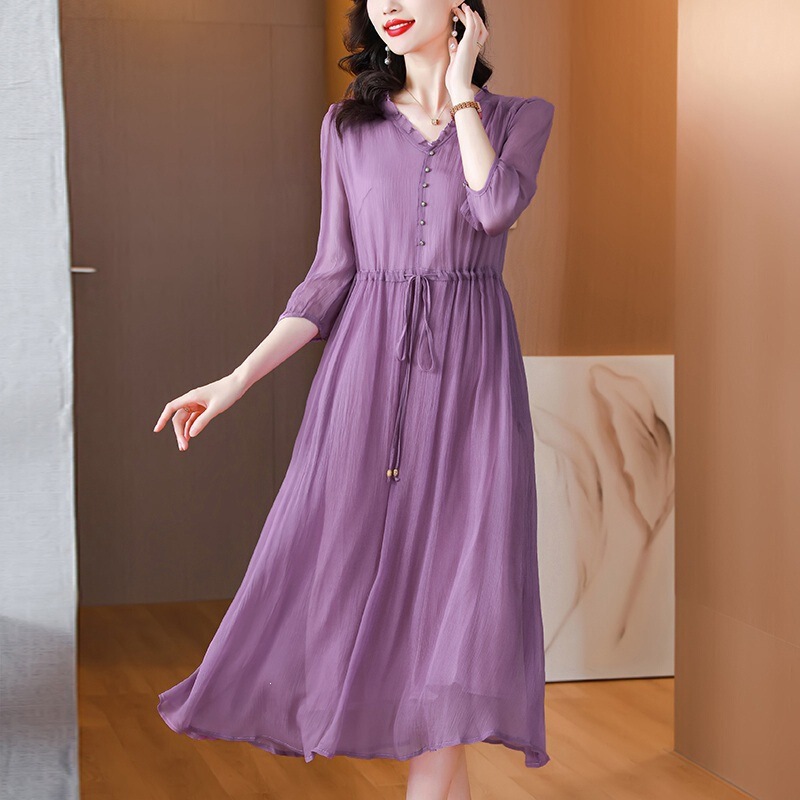 High-End Fashion Women's Clothing, Silk Crepe De Chine Dress, Korean Style V-Neck, Workwear Style, Mid-Sleeve, Waist-Cinching, Slimming, Silk Long Dress High-End Fashion Women's Clothing, Silk Crepe De Chine Dress, Korean Style V-Neck, Workwear Style, Mid-Sleeve, Waist-Cinching, Slimming, Silk Long Dress