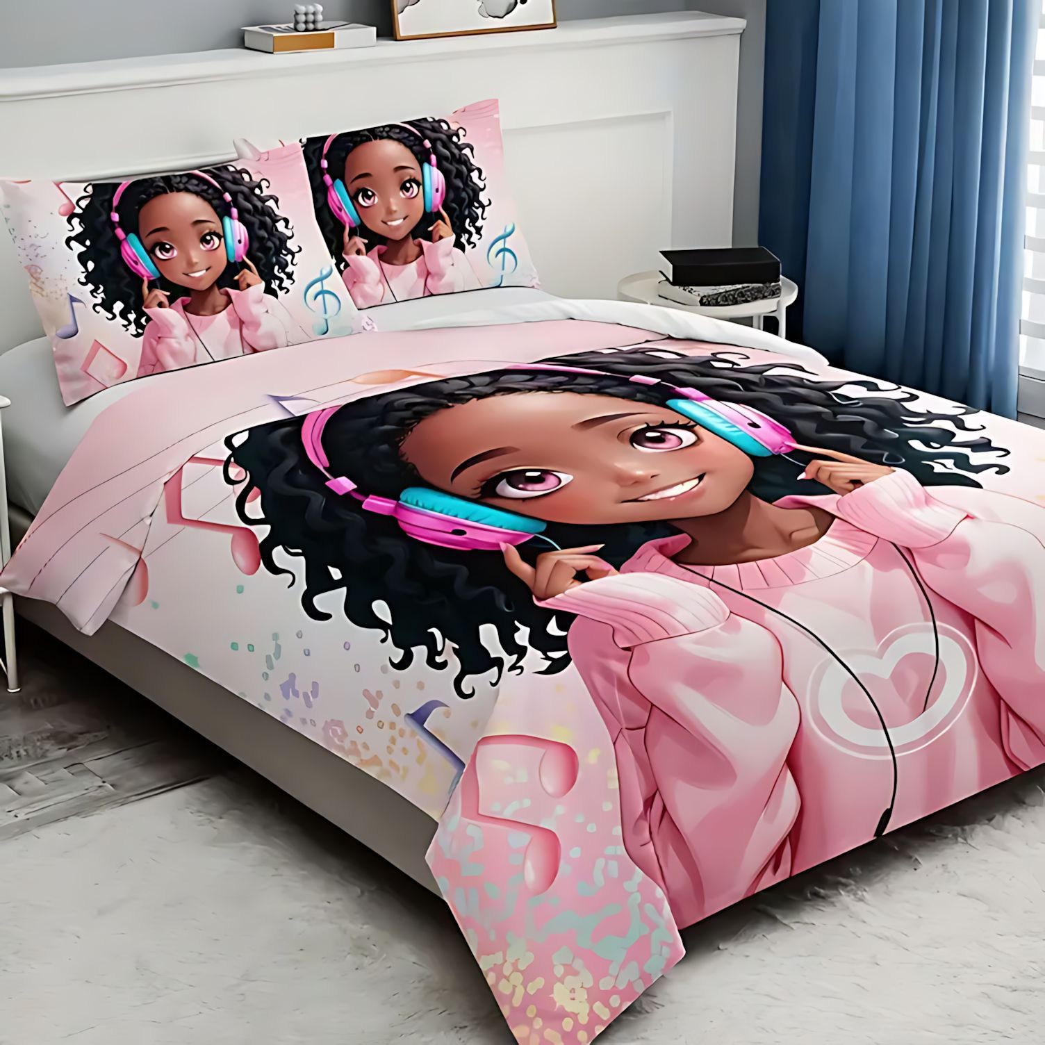 TEMU / JIT juguetón modelo de niña de piel negra impresión digital HD suave y cómodo conjunto de edredón