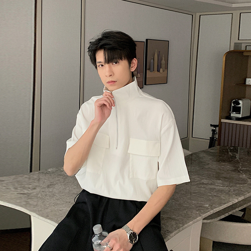 Pu Shuai spring and summer half zipper shirt boys draping sense niche short sleeve t-shirt shirt fashion brand turtleneck clothes