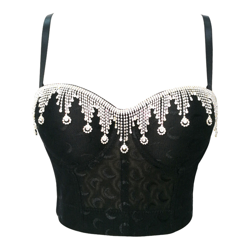 Spot rhinestone tassel strap breathable short backless waistcoat lace embroidery Crescent flower belly dance corset Spot rhinestone tassel strap breathable short backless waistcoat lace embroidery Crescent flower belly dance corset