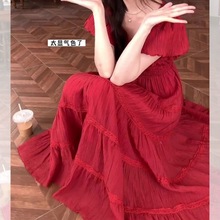 法式泡泡袖红色连衣裙夏季气质显瘦长裙旅游度假大裙摆仙女蛋糕裙