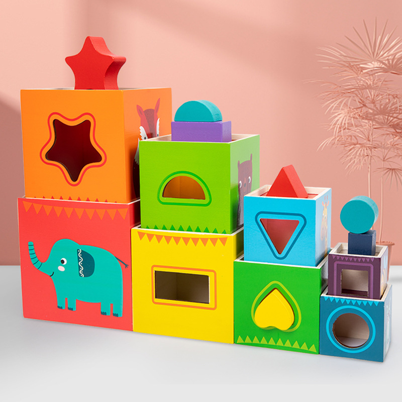Los niños de madera creativa educación temprana color cognición figura geométrica a juego bloques de construcción caja de apilamiento digital juguetes educativos