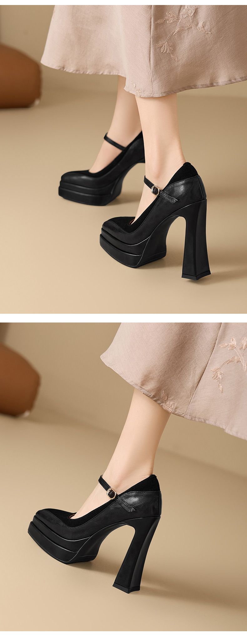 Giày Mary Jane nữ mũi vuông gót vuông đế platform cao 9 cm, da thật, quai ngang có khóa — màu nâu, màu đen chi tiết 8