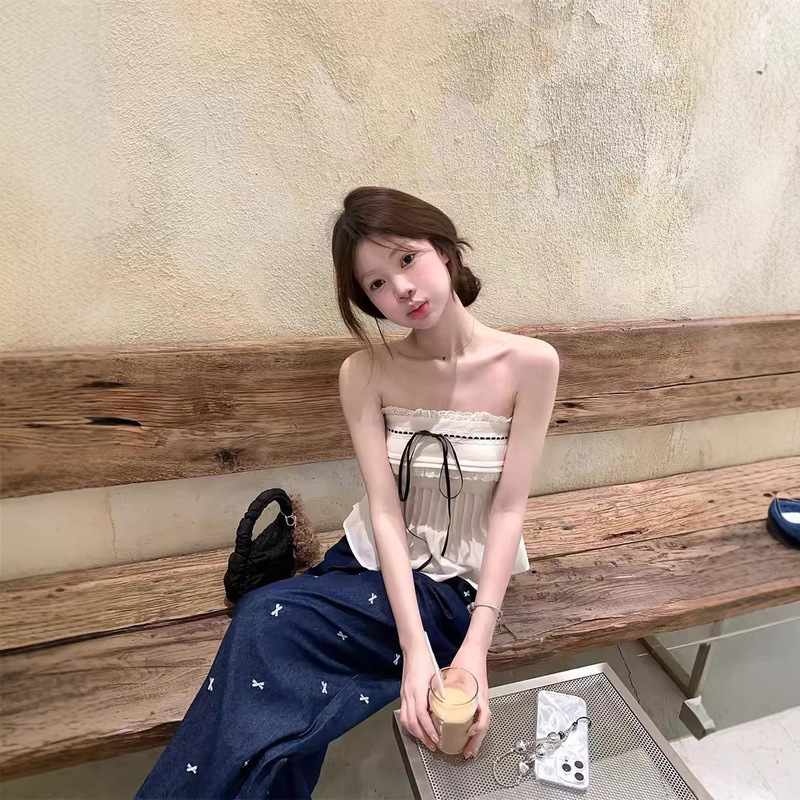 2026 New Design Pure Desire Style Lace Trim Tube Top Women's Summer Bowknot Top