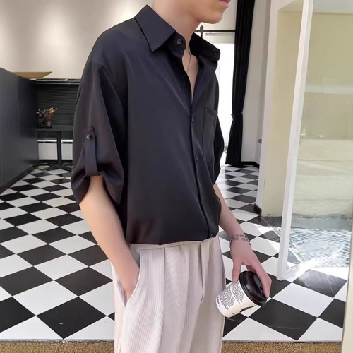 Men's Short Sleeve Han Style Trendy Top, 7/8 Sleeve Blouse, Light Mature Style, Cooler Style Summer Ice Silk Feeling Collarless Shirt