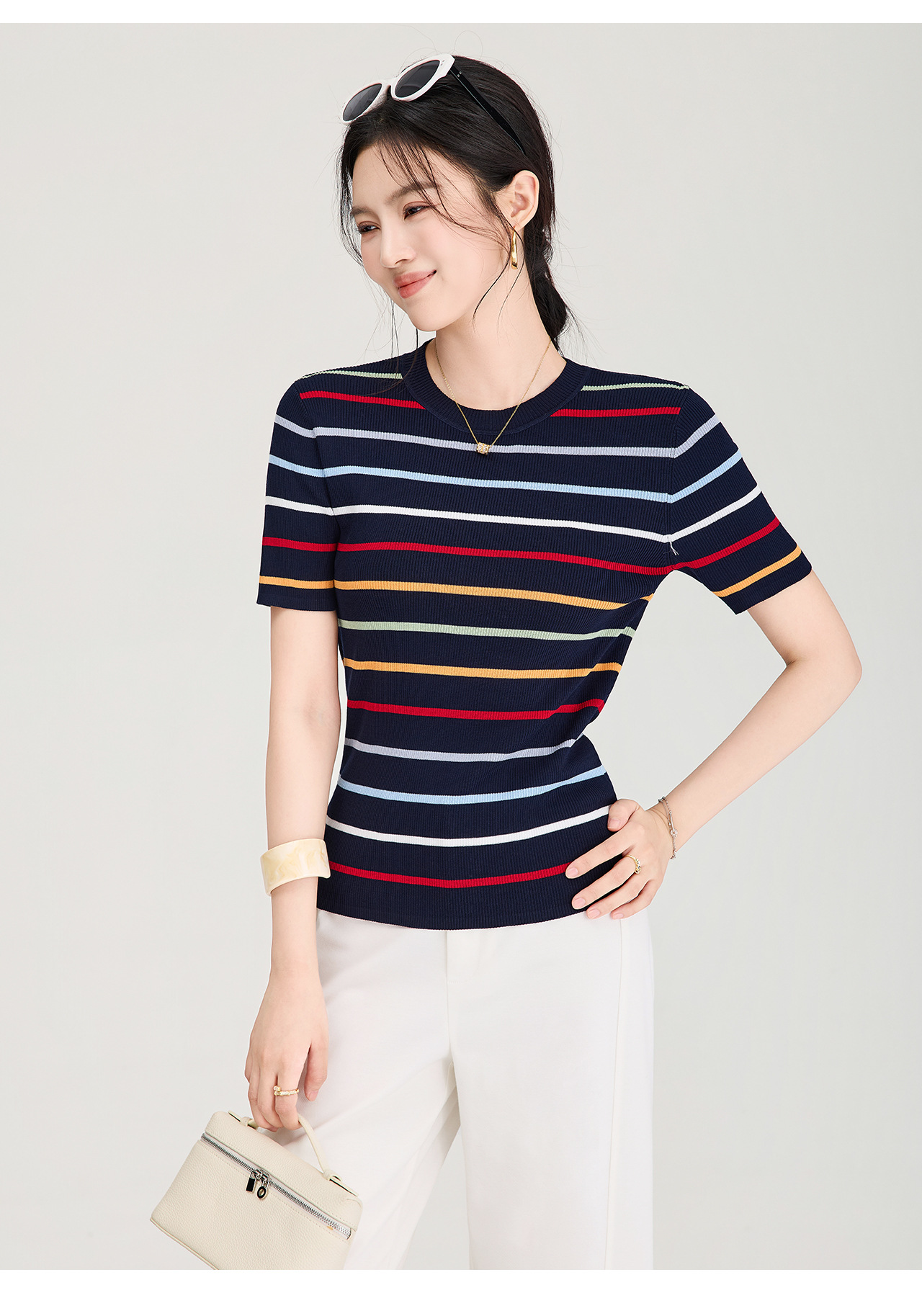 Áo thun nữ cổ tròn sọc kẻ dệt kim mỏng mùa hè — màu xanh navy chi tiết 13