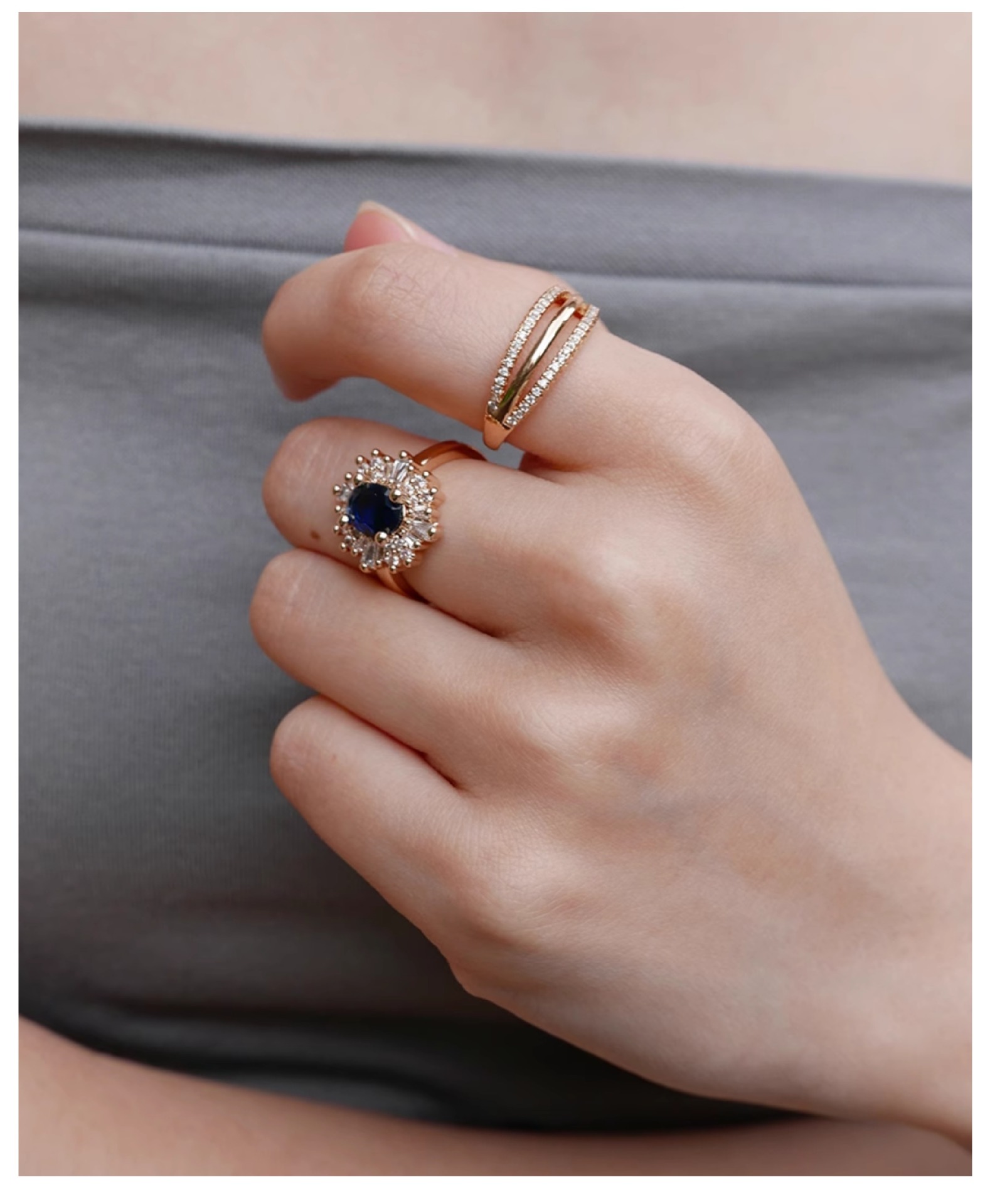 Exquisite Oval Zircon Ring With Sapphire Flower Design Elegant_voghion.com
