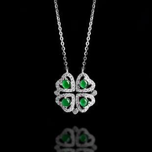High-grade natural a goods Jade Yang green four-leaf clover pendant S925 silver ice jade stone women's fashion pendant chain