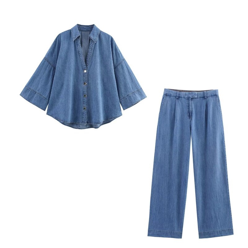Bsk&Traf Women's 2025 Summer New Denim Shirt 1879026 + High Waist Jeans 1879026