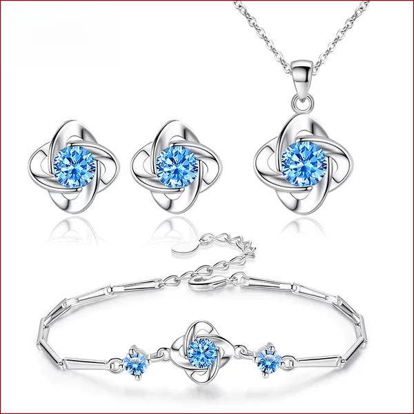 Lucky Four-leaf Clover Necklace Pendant Set Women's Summer Couple Bracelet Cute Elegant Blue Leaf Ear Jewelry