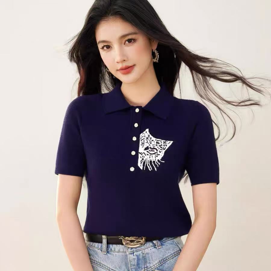 Áo thun polo nữ tay ngắn thêu họa tiết, phong cách Mỹ ôm body — màu xanh chi tiết 3