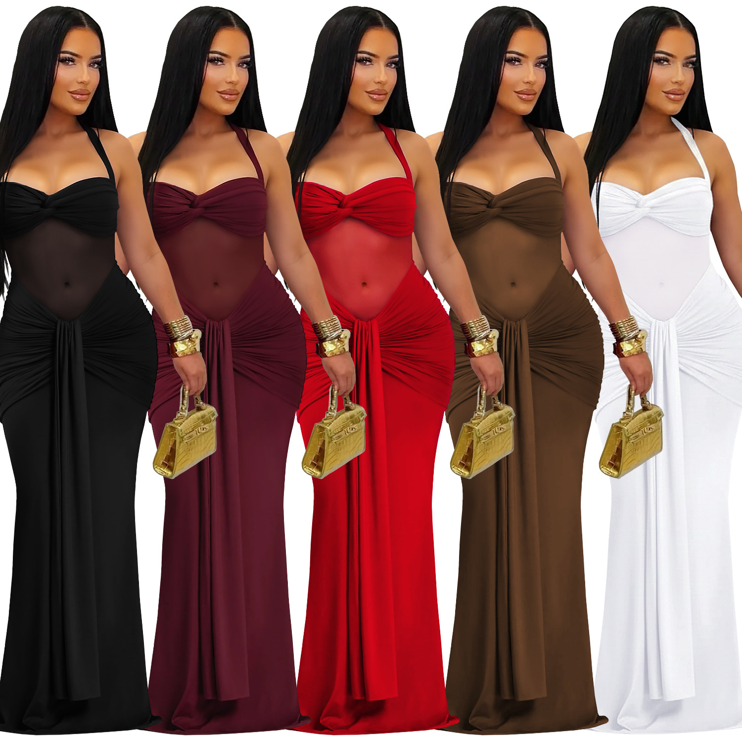 C7608 cross-border AliExpress Amazon Europa y América moda de mujer perspectiva sexy malla colgante correa de cuello vestido image 6