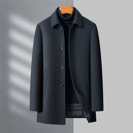 中老年外套男装商务羊毛大衣2024秋冬桑蚕丝户外纯色翻领休闲代发