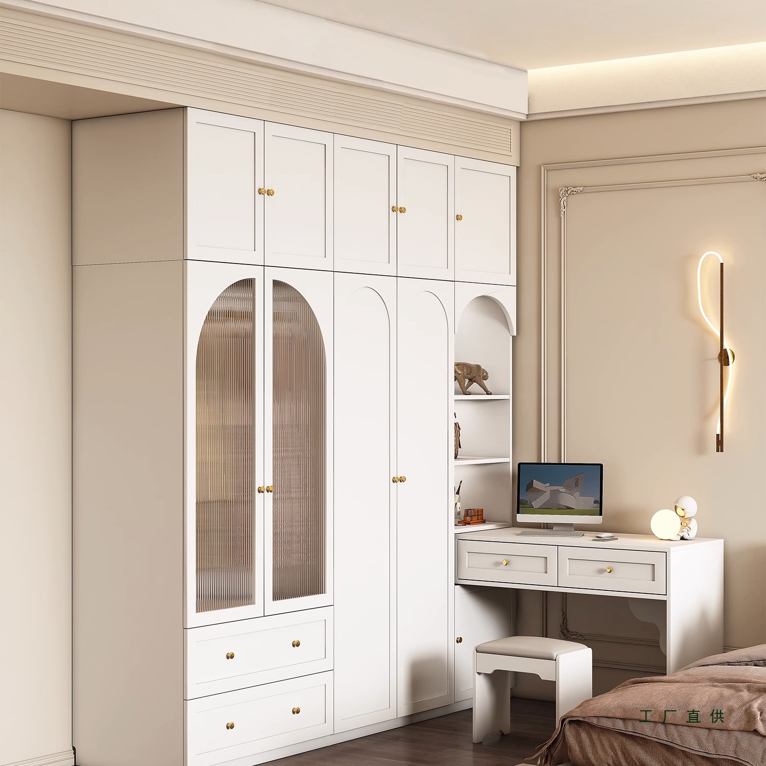 法式轻奢奶油风一体组合衣柜书桌室家用写字台梳妆台转角电脑桌