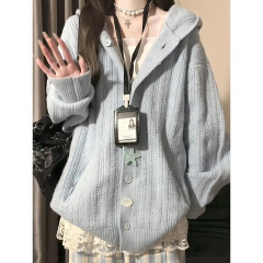 学院风甜美海星扣连帽针织开衫女秋冬季新款宽松显瘦洋气毛衣外套