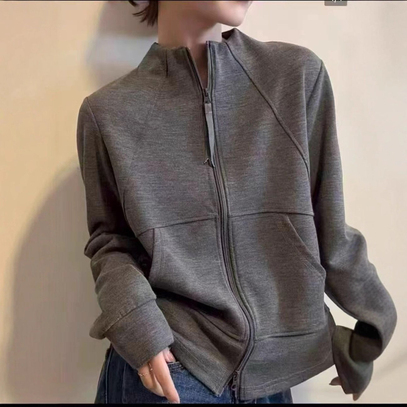 纯色卫衣开衫外套2025文艺简约立领双拉链修身显瘦百搭宽松上衣女