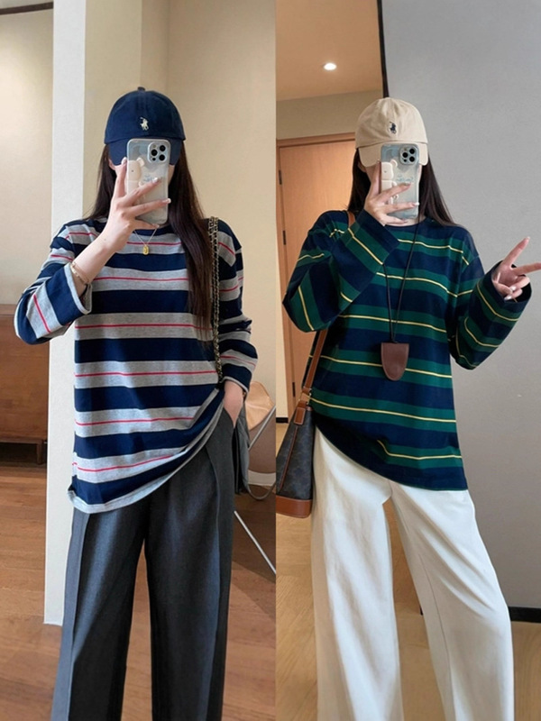 时髦纸片人棉质宽松百搭条纹圆领长袖T恤女秋季显瘦中长款打底衫|undefined