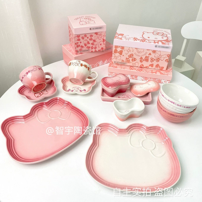 Hello Kitty, радужная керамическая тарелка для кормления, посуда, подарочная коробка