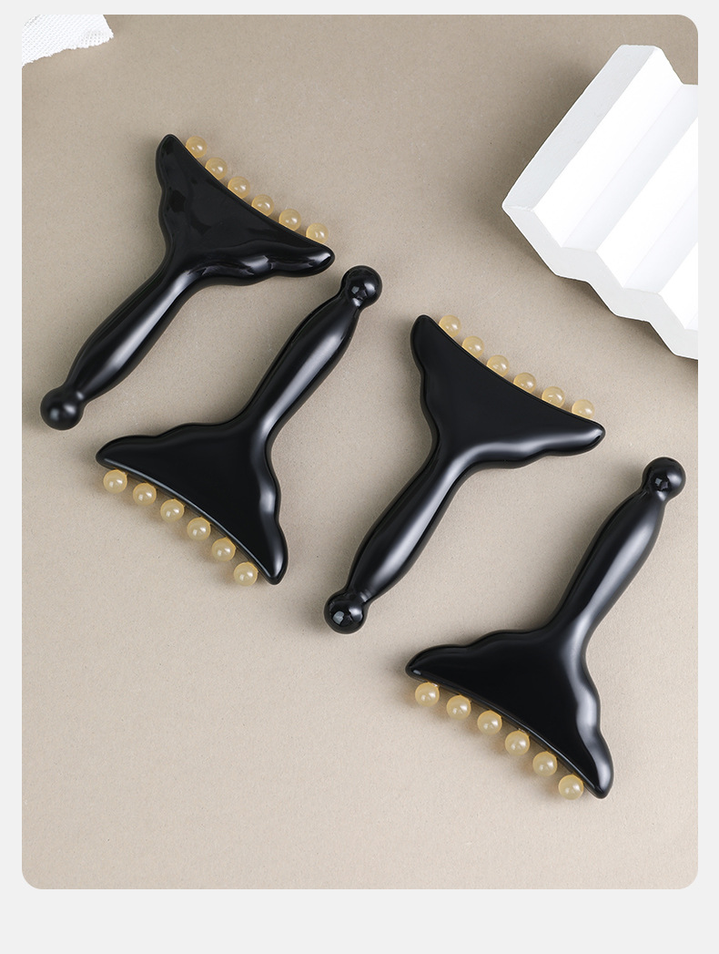Resin Guasha Meridian Massage Comb Facial Body Scraping Wand Beauty Roller Tool in use