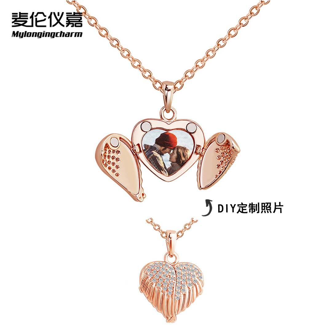 新款欧美心形项链个性创意相盒项链爱心镶钻吊坠手镯套装批发厂家