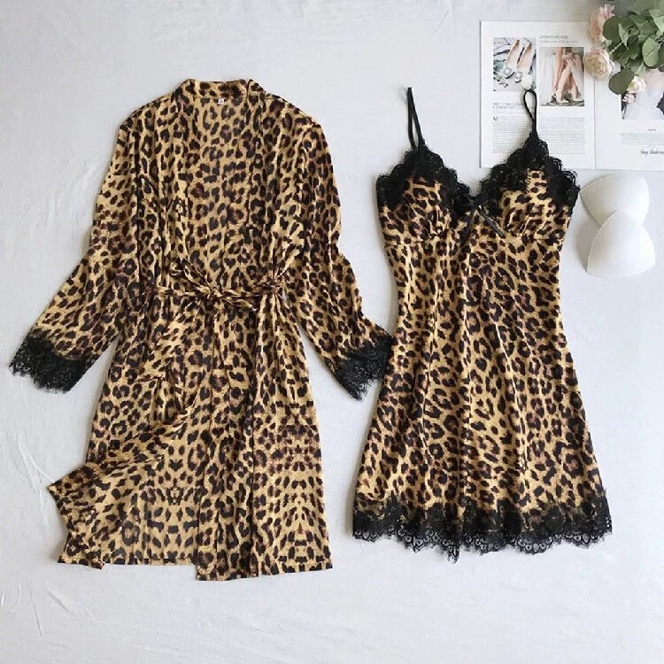 New European and American style faux silk black leopard print home wear pajama set, fashionable lace trim pajama set wholesale New European and American style faux silk black leopard print home wear pajama set, fashionable lace trim pajama set wholesale