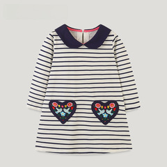 2023新款歐美風女童連衣裙兒童條紋公主裙中小童翻領刺繡長袖童裙