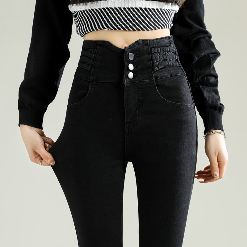 Black Jeans Women's Design Three-Button Single Row Super High Waist Pencil Pants Slim-Fit Stretch Cropped Hip Leg Pants Black Jeans Women's Design Three-Button Single Row Super High Waist Pencil Pants Slim-Fit Stretch Cropped Hip Leg Pants
