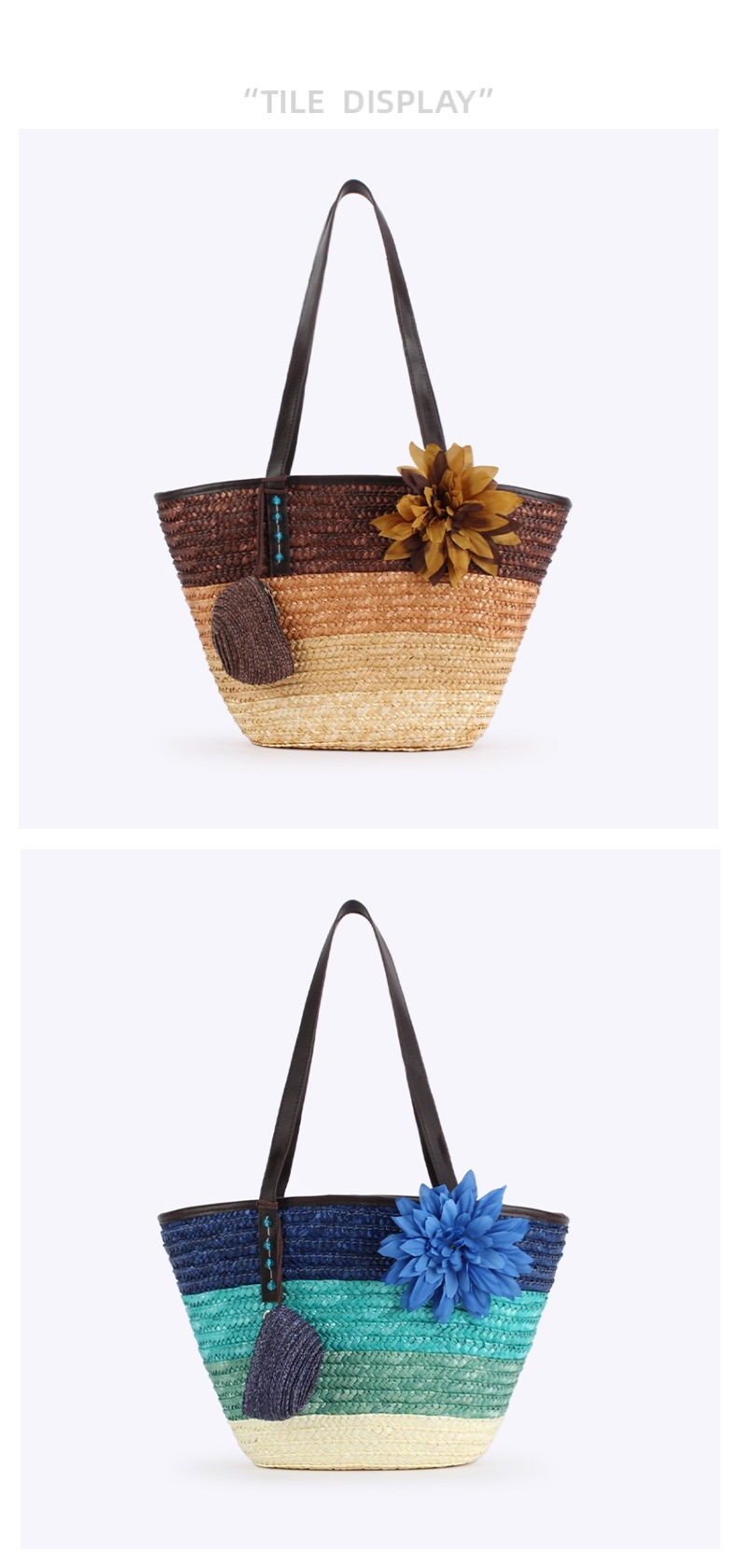 1305g Weight Polyester Cotton Lining Material Weave Fashion Element Zipper Closure Type Double Shoulder Straps Strap Type Women's Large Straw Color Block Vacation Beach Weave Bucket Zipper Beach Bag